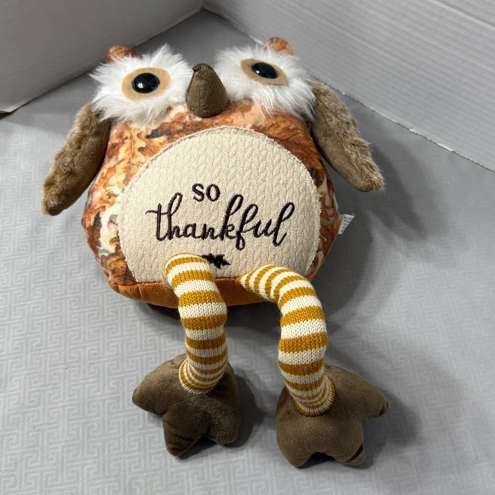 So Thankful Owl Plush Shelf Sitter with Striped Legs Big Eyes Furry Fall Colors